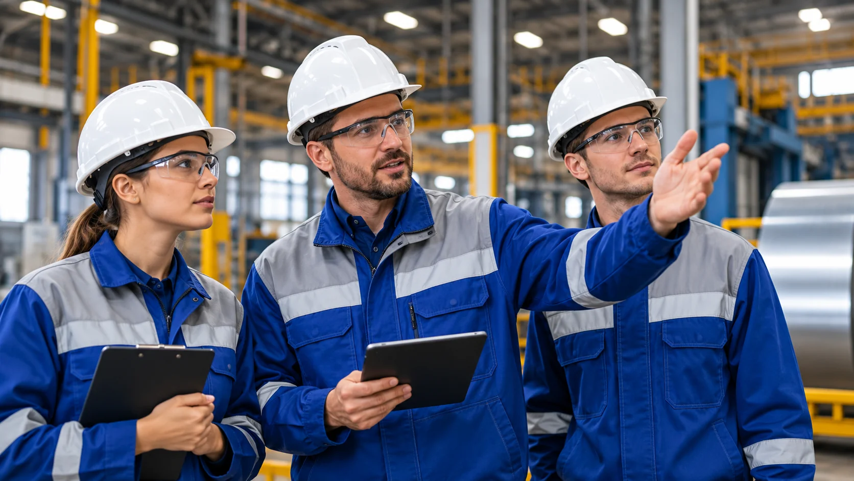 Fotografía ilustrativa: inspección industrial por trabajadores con EPP